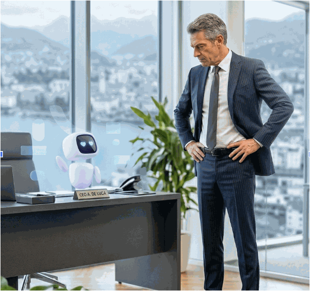 Manager interagisce con tecnologia AI in ufficio